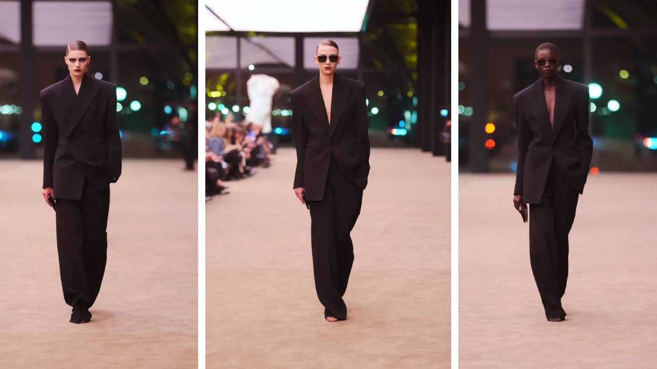 Montagem de fotos de looks da Coleção Inverno 2026 da Saint Laurent na PFW.