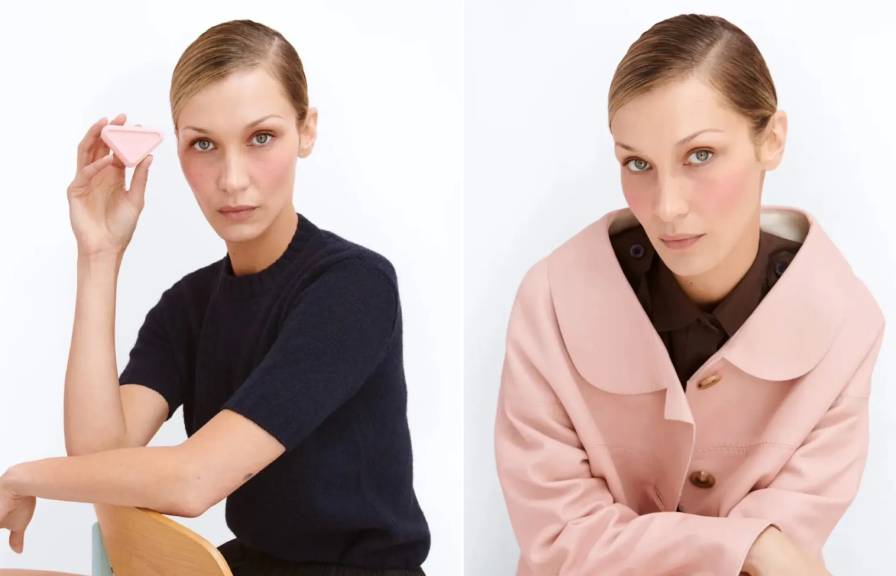 Montagem de fotos da modelo Bella Hadid como Nova embaixadora Prada Beauty.