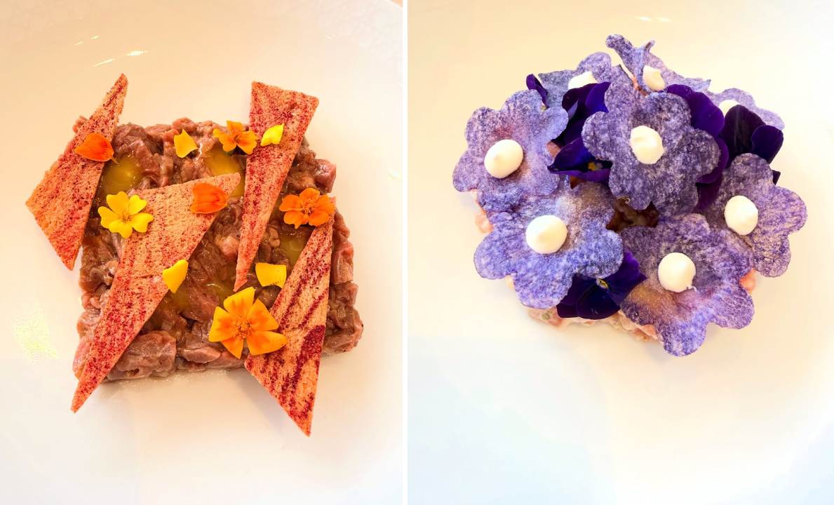 Montagem de fotos de sobremesas  do Restaurante da Dior em Paris que ganhou a primeira estrela Michelin.