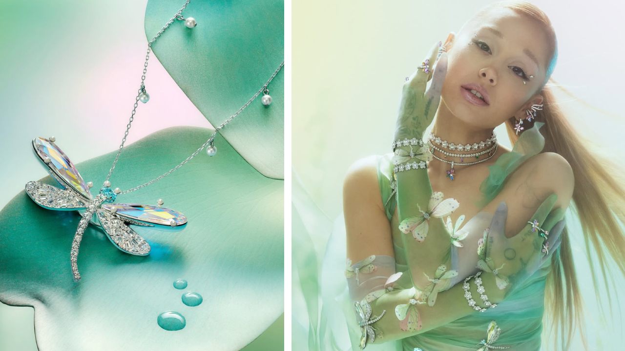 Montagem de fotos de colar libeula Swarovski ao lado da cantora Ariana Grande usando pulseiras, brincos e colares da marca.