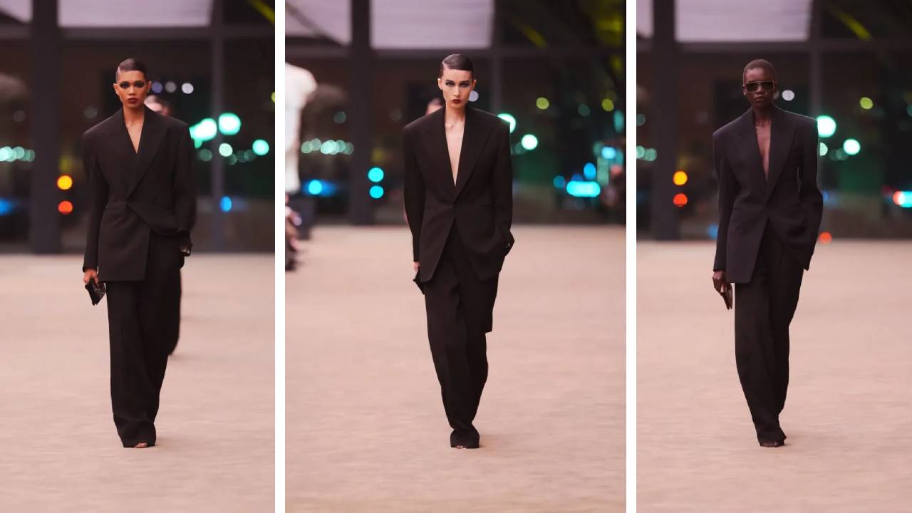 Montagem de fotos do Desfile Saint Laurent Inverno 2026/27 na Paris Fashion Week.