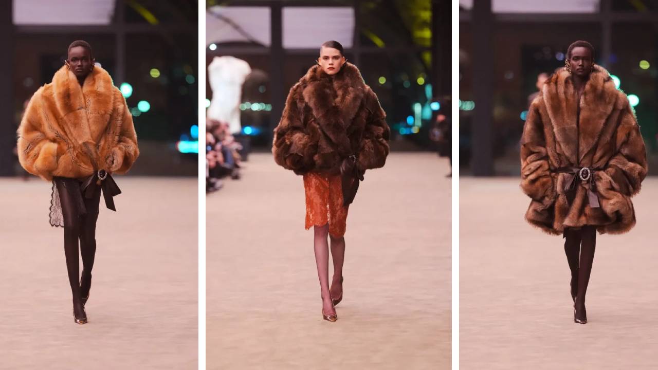 Montagem de fotos de casacos no desfile da Yves Saint Laurent na PFW Inverno 2026/27.