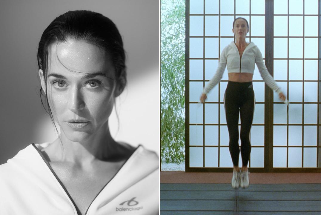 Montagem de fotos de Kate Perry pulando corda em nova campanha On Repeat.