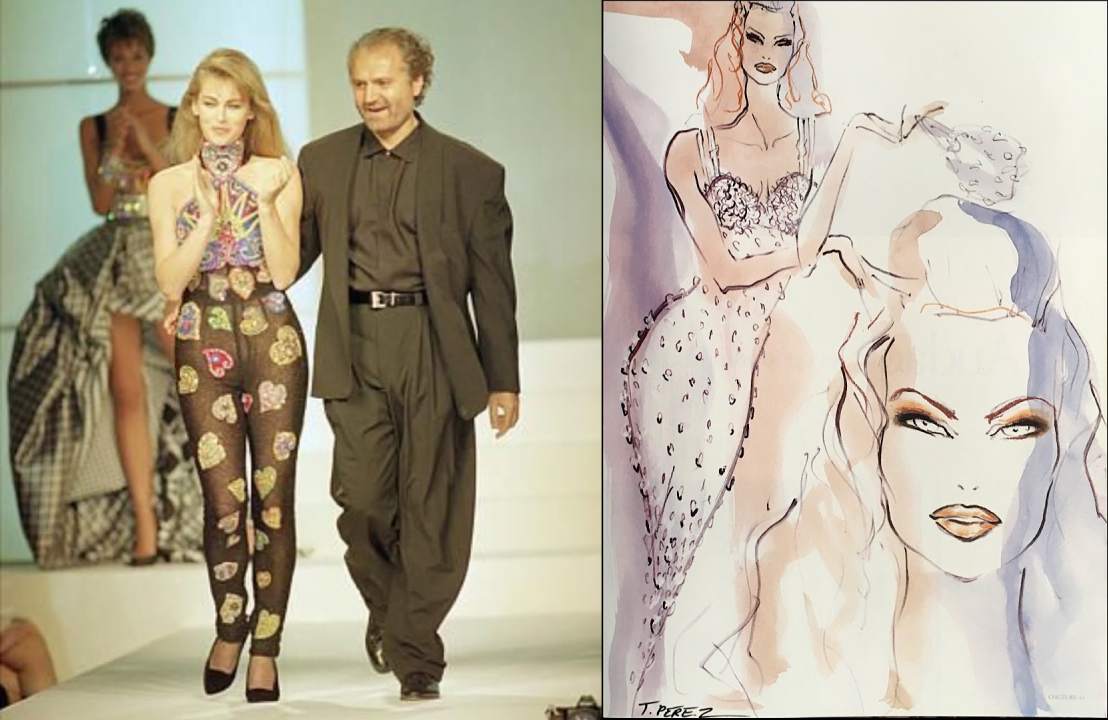Montagem de fotos de Gianni Versace e suas criações que devem ser expostas em Paris.