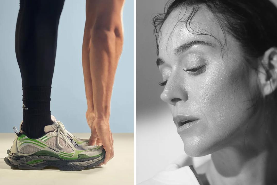 Montagem de fotos da nova campanha do tênis balenciaga com kate perry.