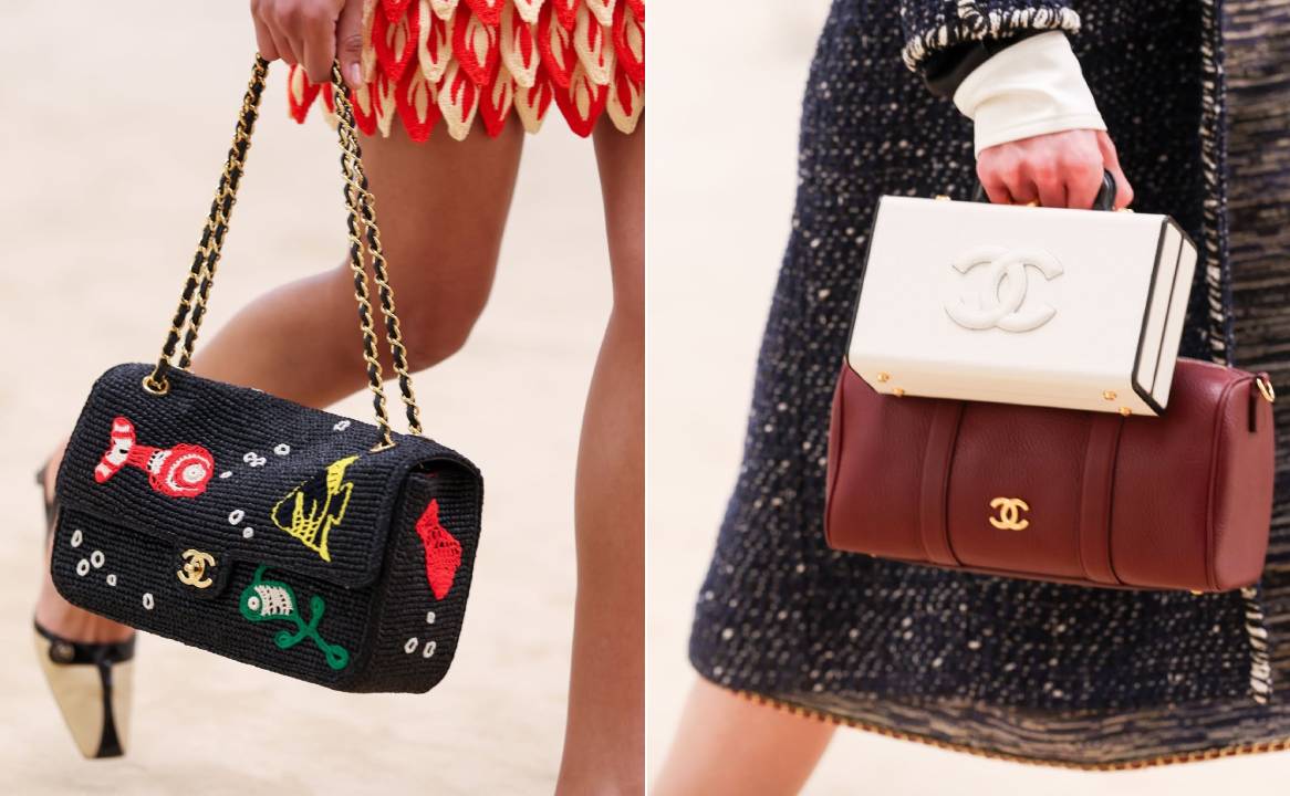 Montagem de fotos das bolsas do Desfile Cruise Chanel 2027.
