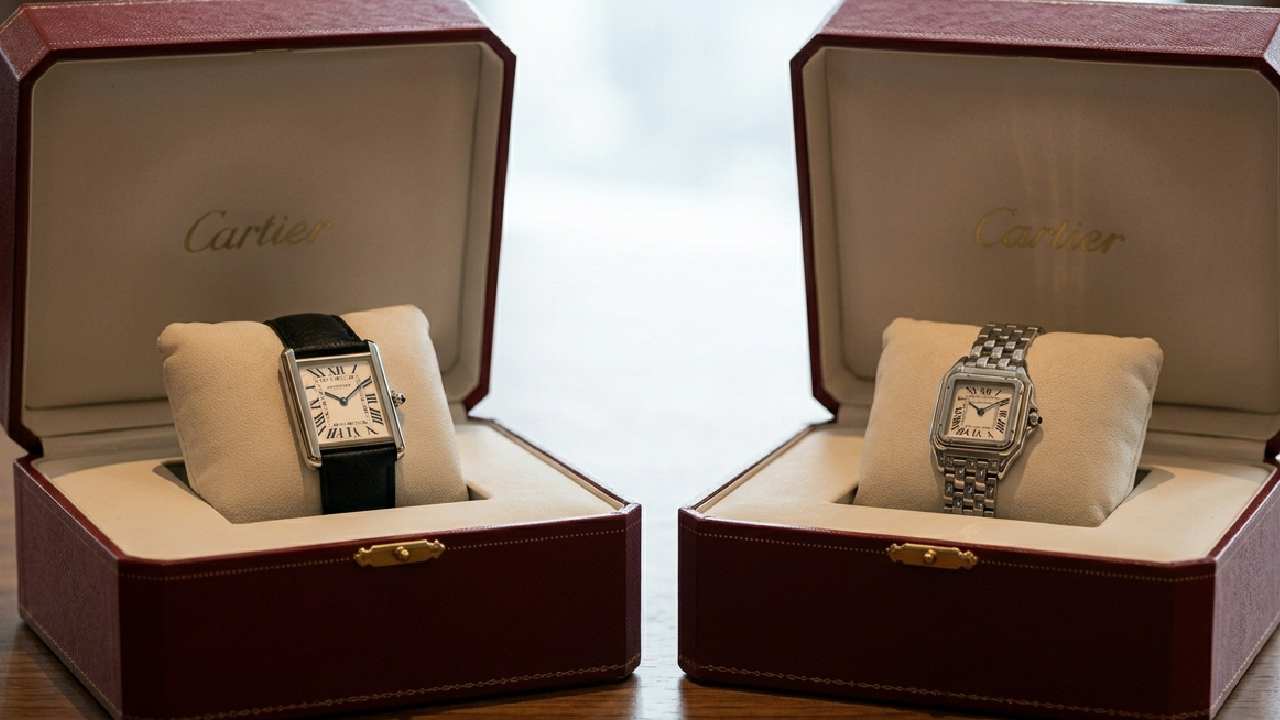 Foto dos relógios de luxo Tank e Panthère.
