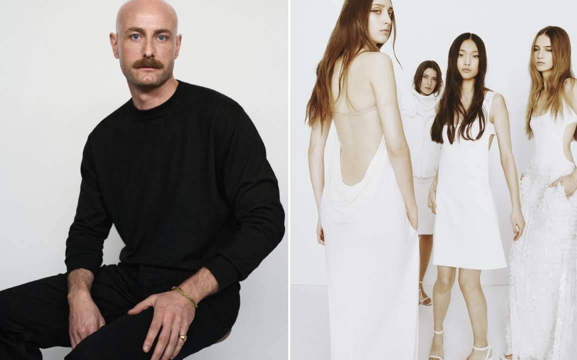 Montagem de fotos de Drew Heny , o novo diretor criativo da Courrèges ao lado da última coleção assinada pelo seu antecessor Nicolas Di Felice. 