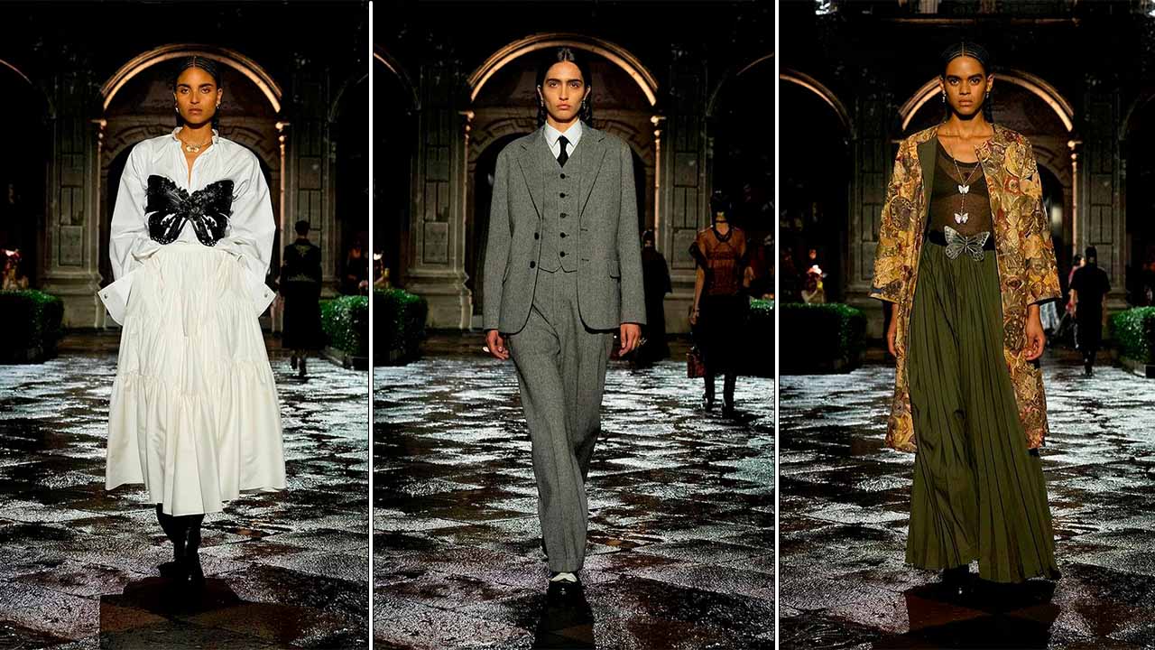Montagem de fotos do 
Desfile Dior Cruise na Cidade do México em 2024 por Maria Grazia Chiuri. 