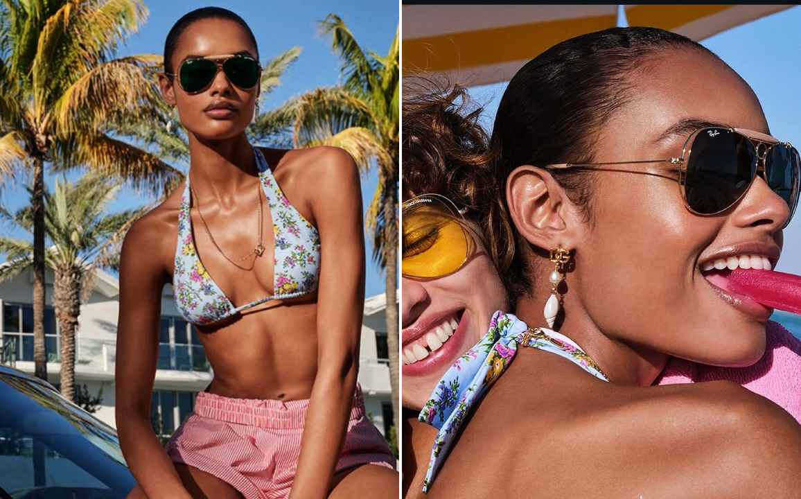Fotos de modelos usando óculos de sol Aviator da Ray-Ban com a D&G.