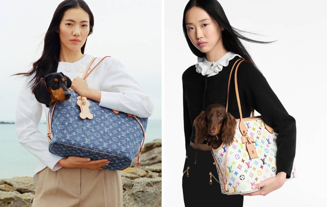 Montagem de fotos das versões da nova bolsa Louis Vuitton para pets e cachorros: Neverwoof.