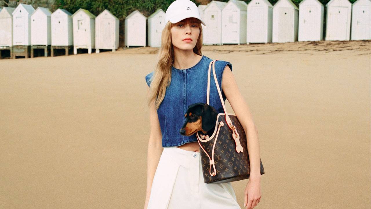 Foto de mulher carregando cachorro na Bolsa Louis Vuitton Neverwoof feita para pets.