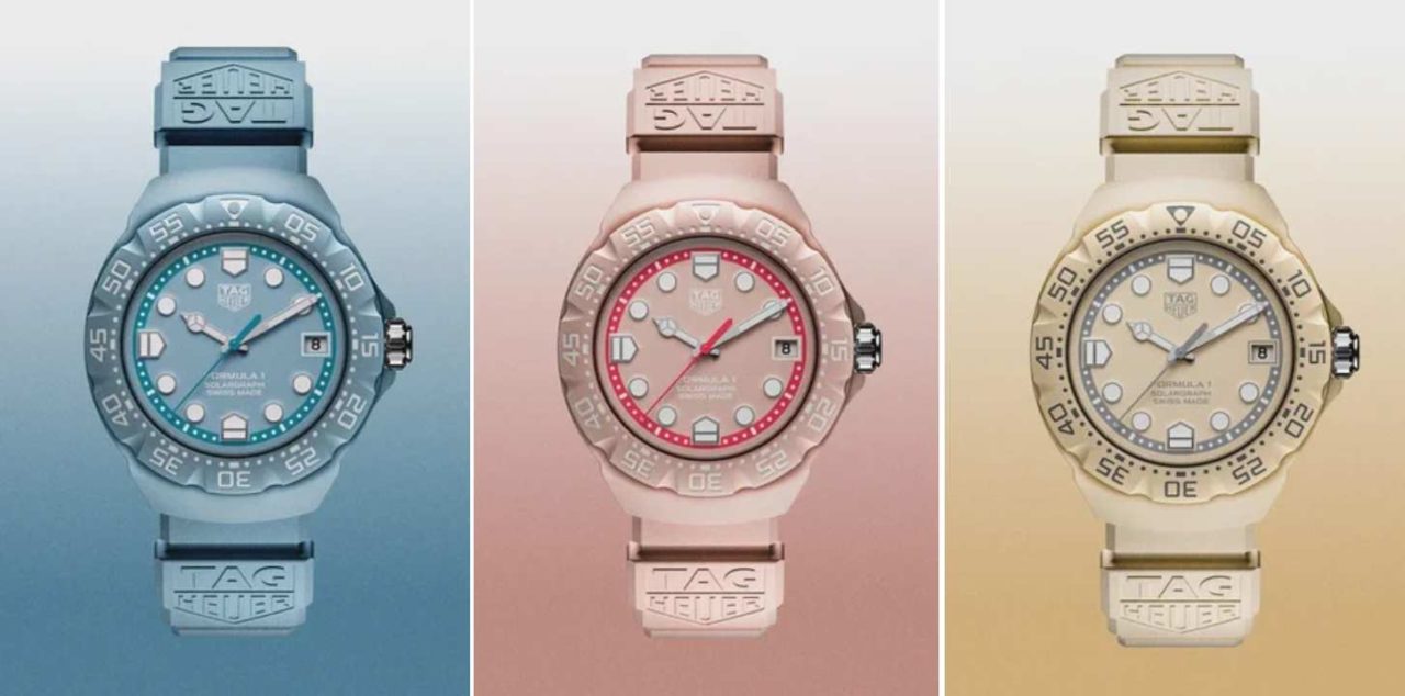 Montagem de fotos dos Novos Relógios  Tag Heuer Formula 1 Solargraph em tons pastel.
