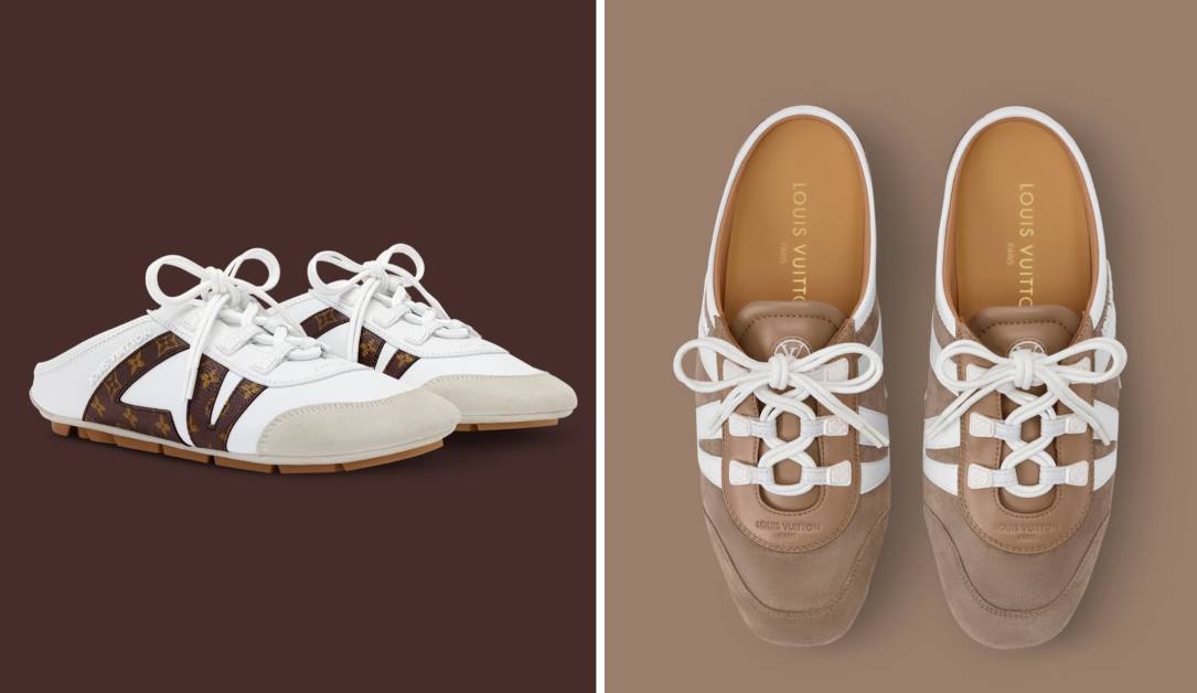 Montagem de fotos do novo tênis de luxo da Louis Vuitton, o Sneakerina Mule.