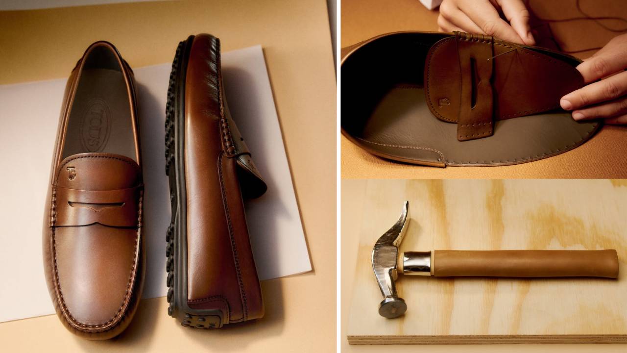 Montagem de fotos do sapato gommino da marca italiana Tod's.