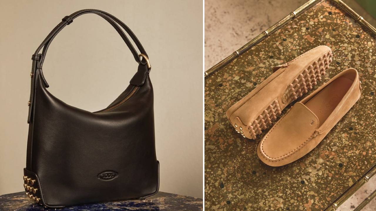 Montagem de fotos de bolsa de luxo e mocassim gommino da marca italiana Tod's.