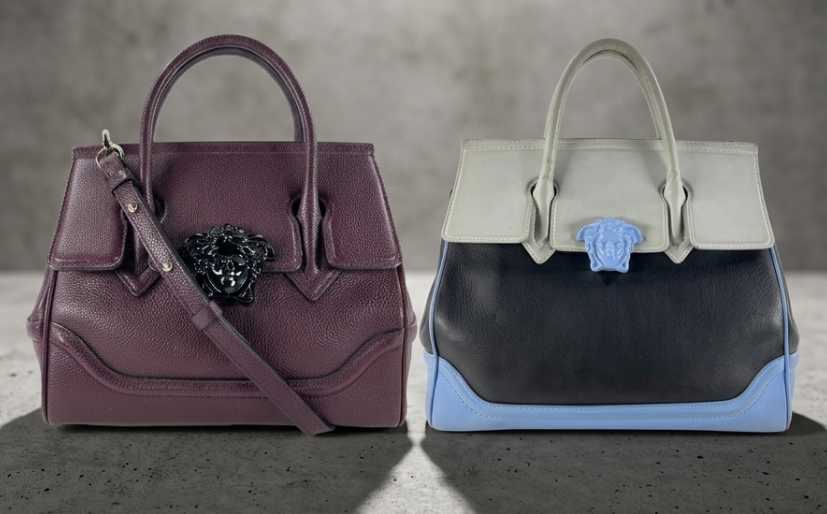 Foto de um modelo clássico da bolsa Versace Palazzo Empire preta e vinho com alças estruturadas.