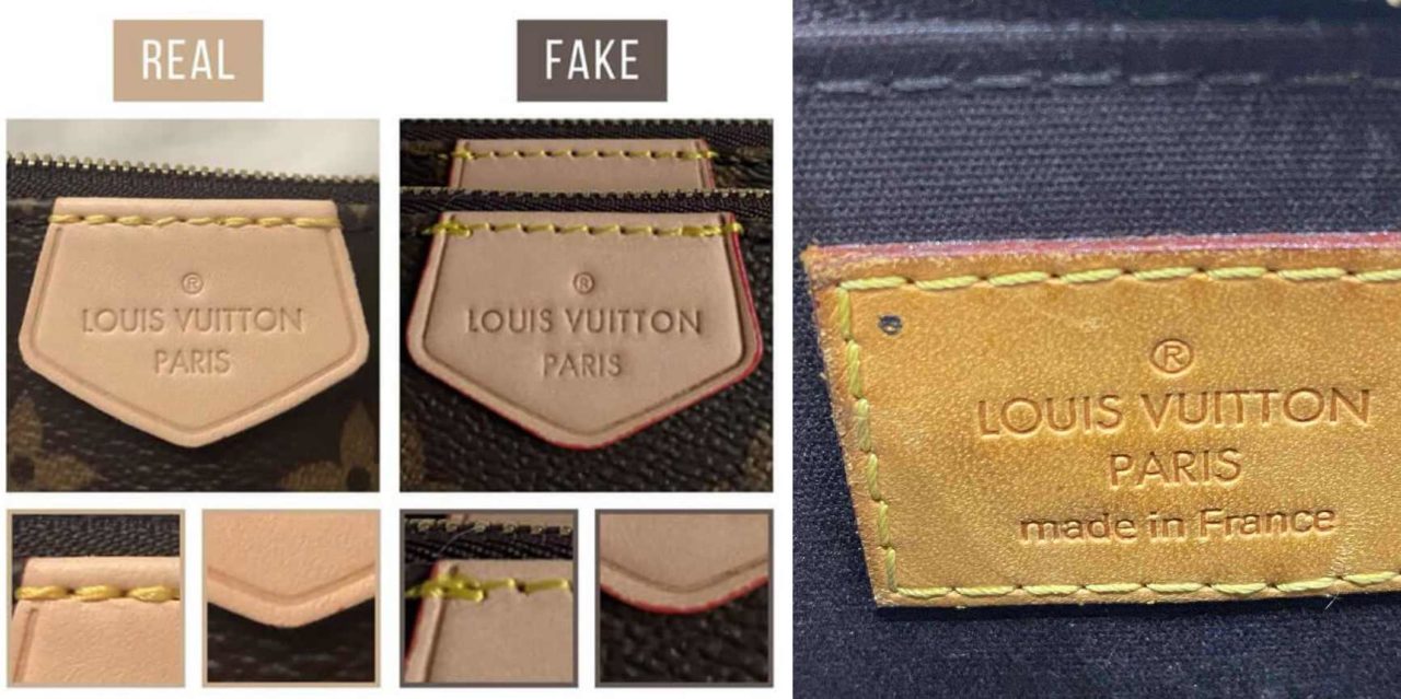 Montagem de fotos que comparam as costuras de uma bolsa louis vuitton alma verdadeira de falsa.