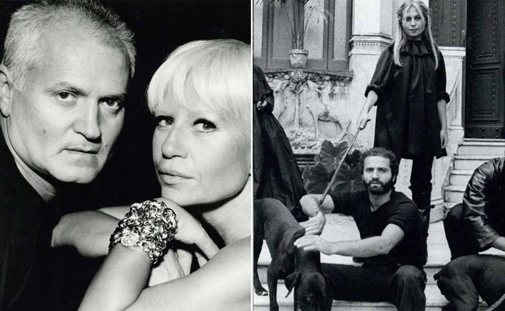 Montagem de fotos de Donatella Versace mais nova ao lado do seu irmão Gianni Versace.