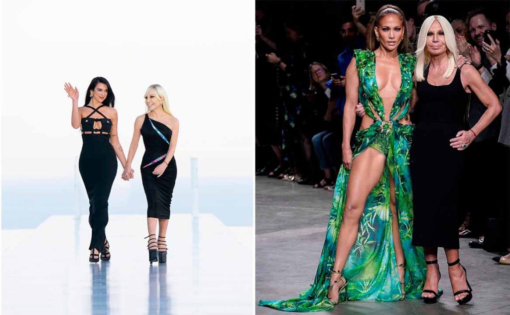 Montagem de fotos de Donatella como estilista da Versace ao lado de Dua Lipa e Jennifer Lopez. .