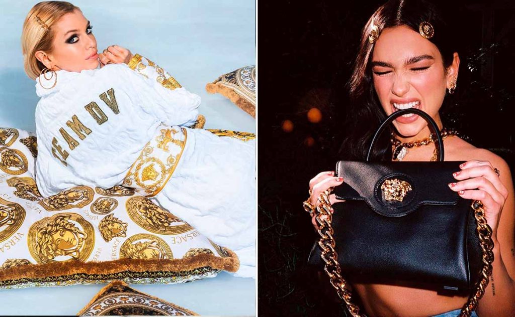Fotos de produtos icônicos da Versae como estampa barroca e a medusa.