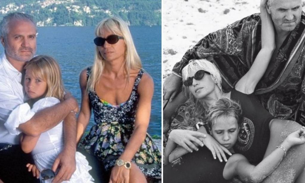 Foto de Allegra Versace, principal herdeira da Versace com seu tio Gianni Versace e sua mãe Donatella. 