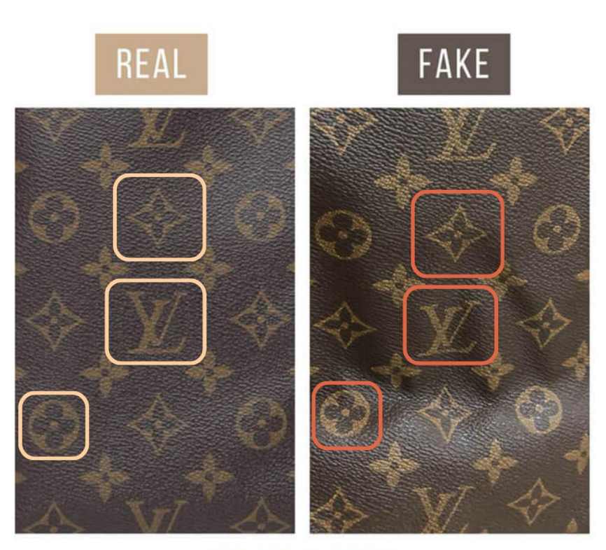 Montagem de fotos que ilustram como saber se uma bolsa louis vuitton alma é verdadeira ou falsa.