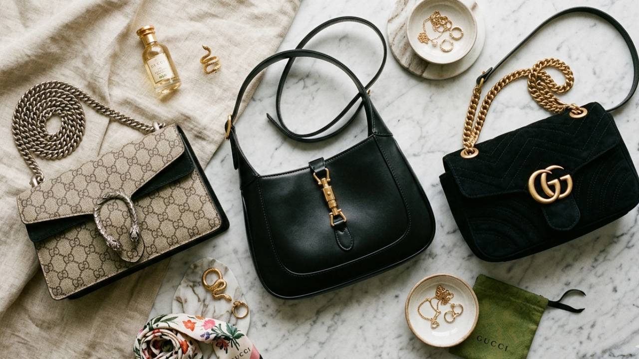 "bolsas Gucci em diferentes materiais — GG Supreme, couro e camurça"