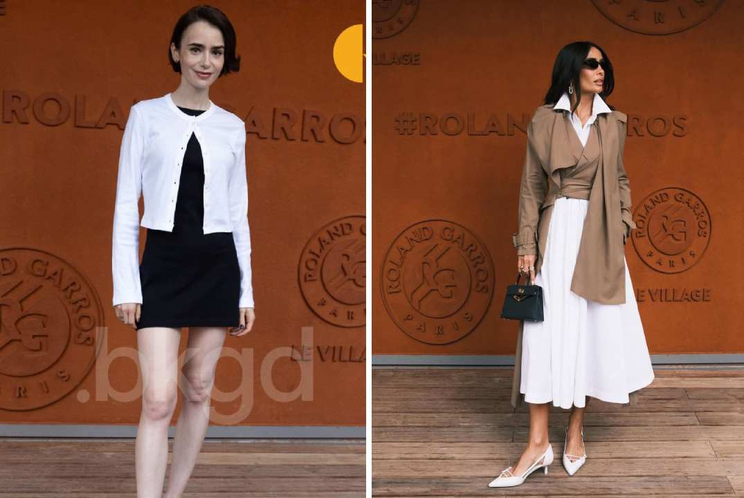 Influenciadora brasileira Silvia Braz e atriz Lily Collins com looks de moda luxo em Roland Garros 2026, usando peças de Burberry, Ferragamo e Saint Laurent durante o Grand Slam disputado em Paris.