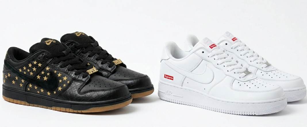 Sneakers de luxo da collab entre nike e supreme.