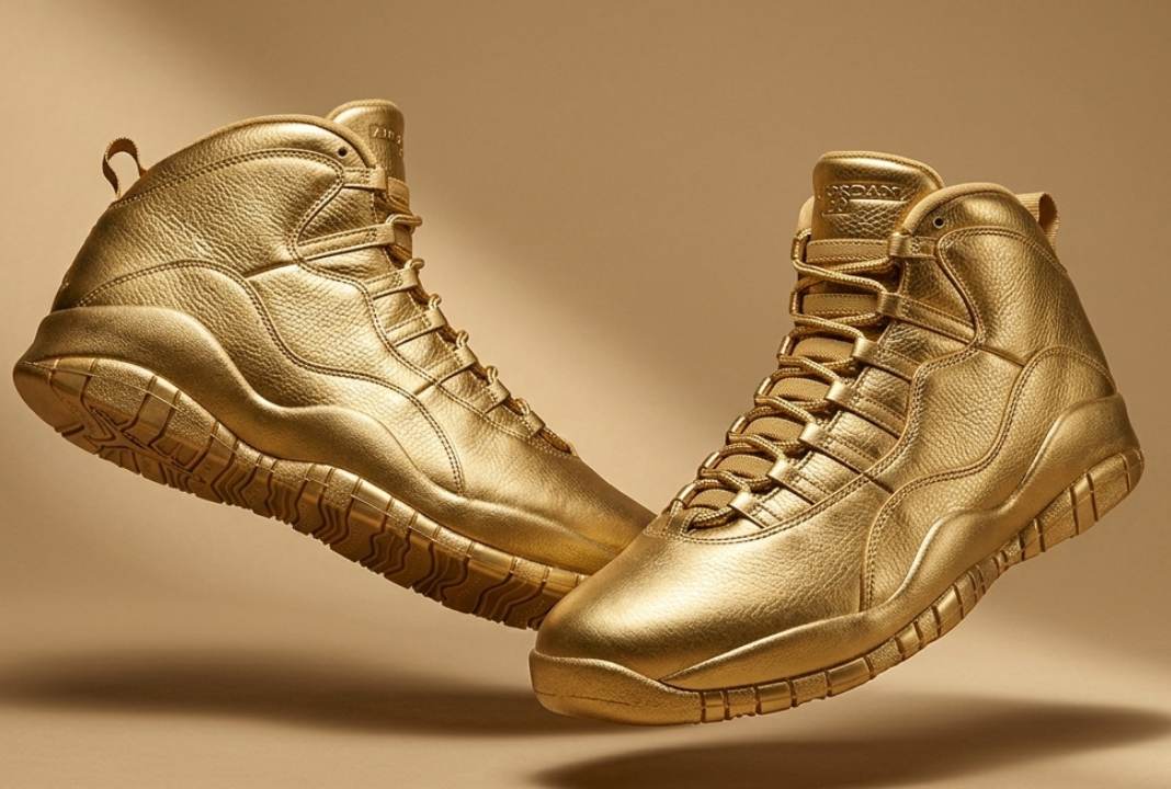 Foto dos sneakers produzidos em ouro, o mais valioso do mundo.