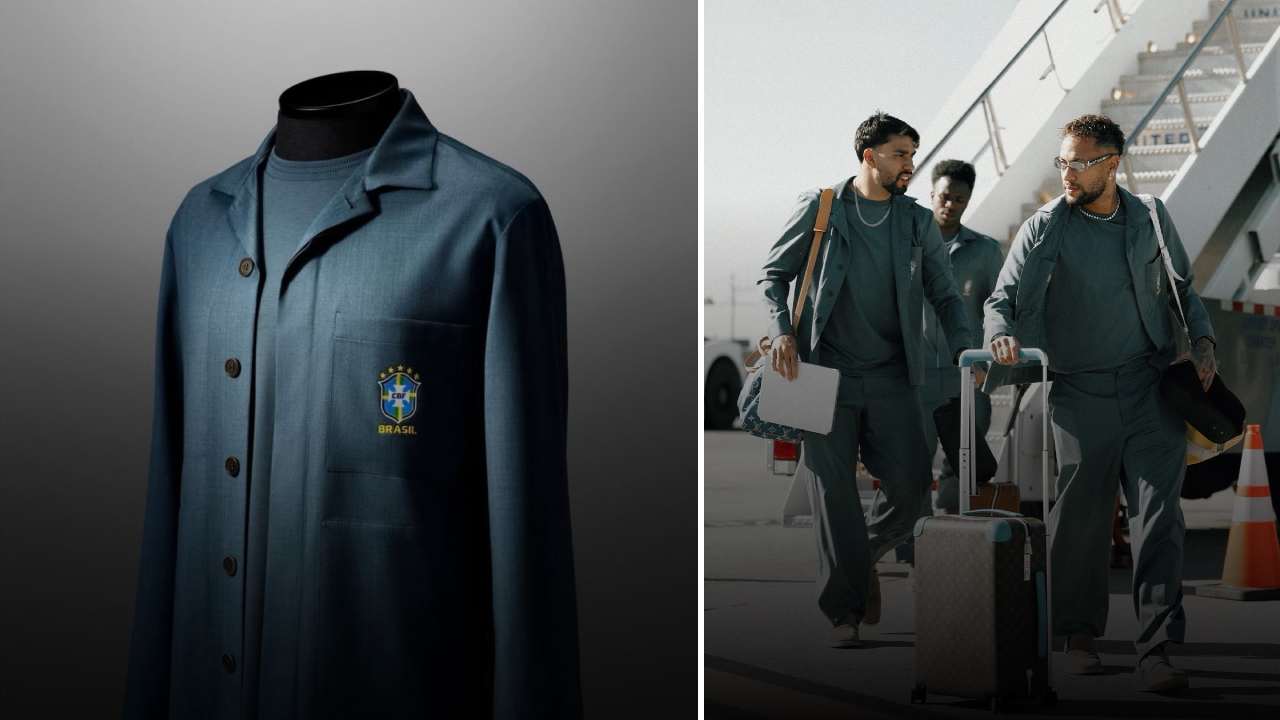 Detalhe do caban em tom petróleo da linha RA2 de Ricardo Almeida — uniforme de viagem oficial da Seleção Brasileira para a Copa do Mundo 2026
