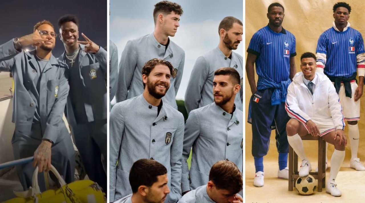 Comparativo de uniformes de viagem das seleções na Copa do Mundo 2026 — Brasil com Ricardo Almeida, França com Jacquemus, Itália com Armani
