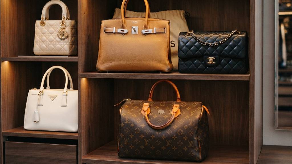 Bolsas de luxo seinovas em um closet, modelos da chanel, hermes, dior e prada que valem dinheiro no mercado second hand.