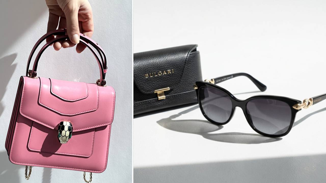 Acessórios Bulgri além de joias e relógios: bolsa serpenti e óculos bvlgari.