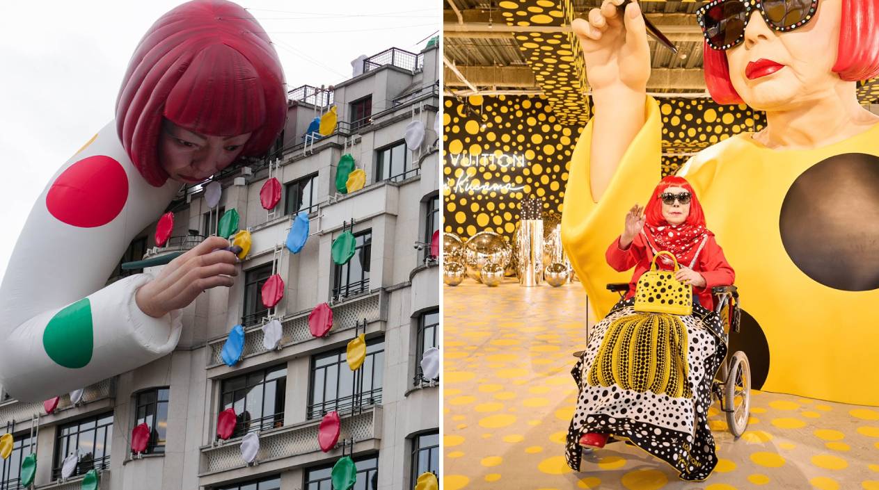 Escultura gigante de Yayoi Kusama coberta por bolinhas em frente à Louis Vuitton em Paris e a artista com bolsa Alma da collab.