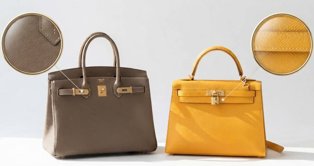 Detalhes do couro epsom da Hermès na Bolsa Birkin e na Bolsa Kelly.