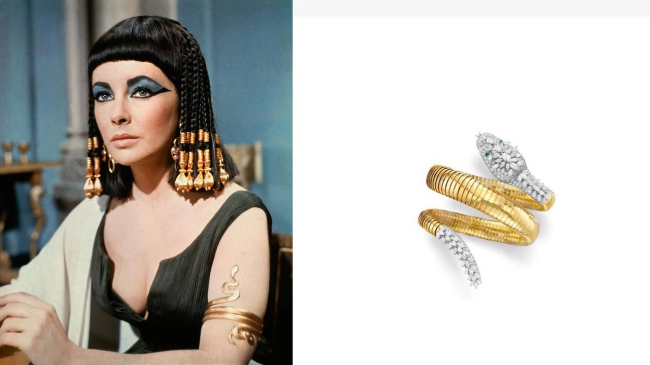 Elizabeth Taylor no filme Cleópatra ao lado de joia Bulgari Serpenti.