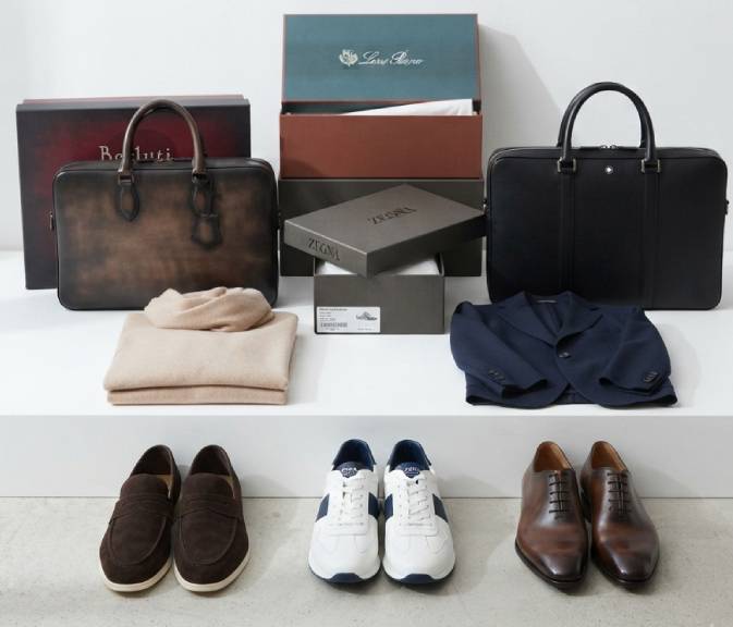 Peças masculinas de luxo seminovas das marcas Zegna, Loro Piana, Montblanc e Berluti.