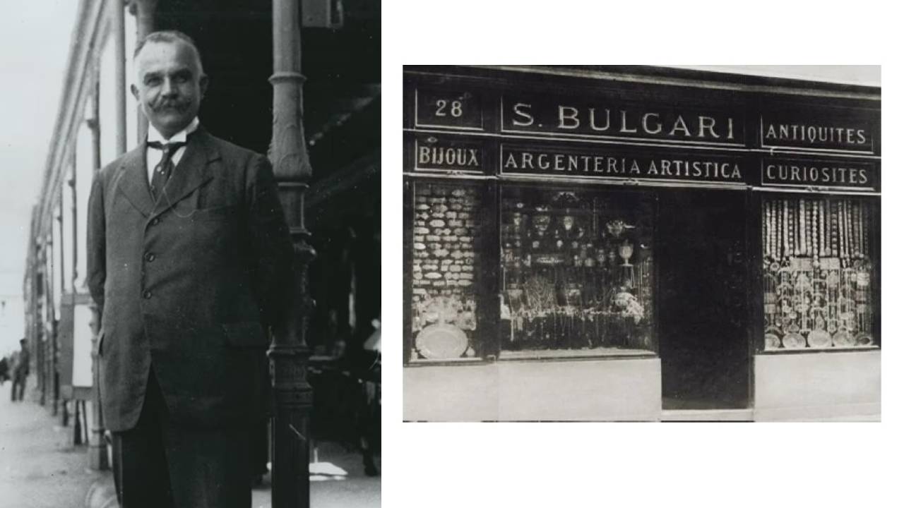 Foto de Sotirio Bulgari, o fundador da Bulgari lado da primeira loja da marca italiana.
