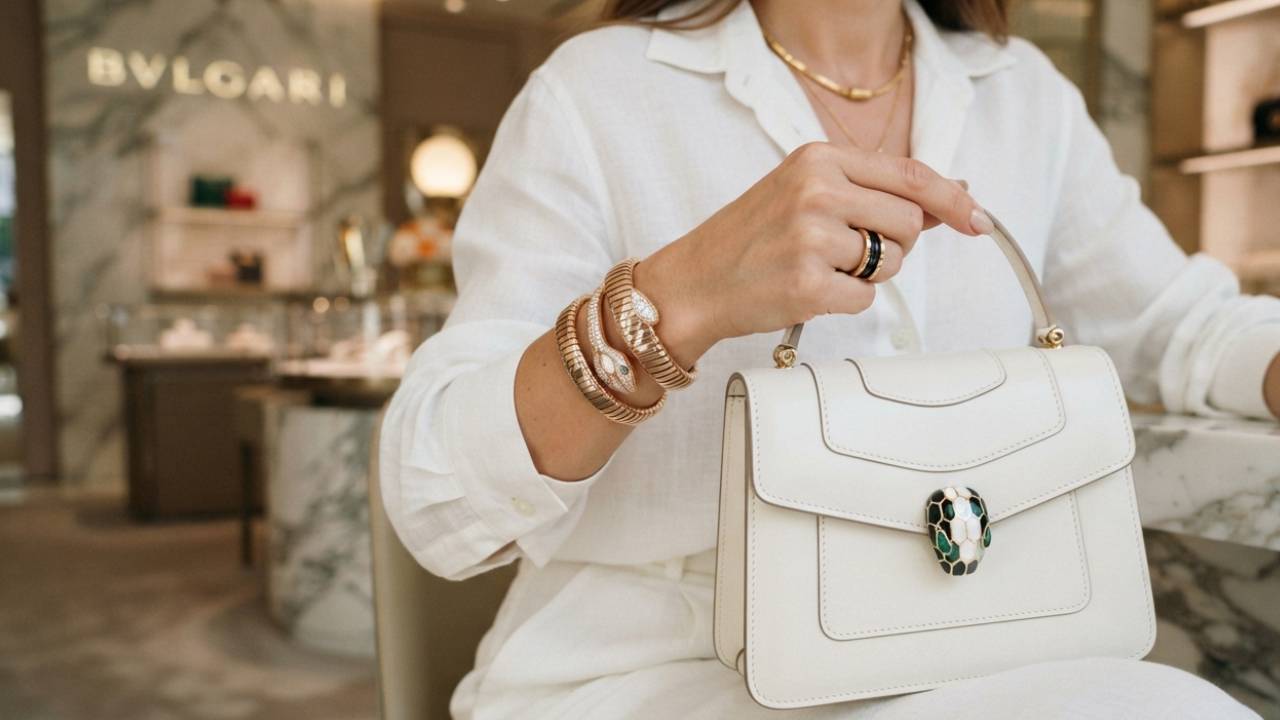 Mulher carregando acessórios bulgari: pulseira e bolsa serpenti e anel b.zero1 dentro uma loja bvlgari.