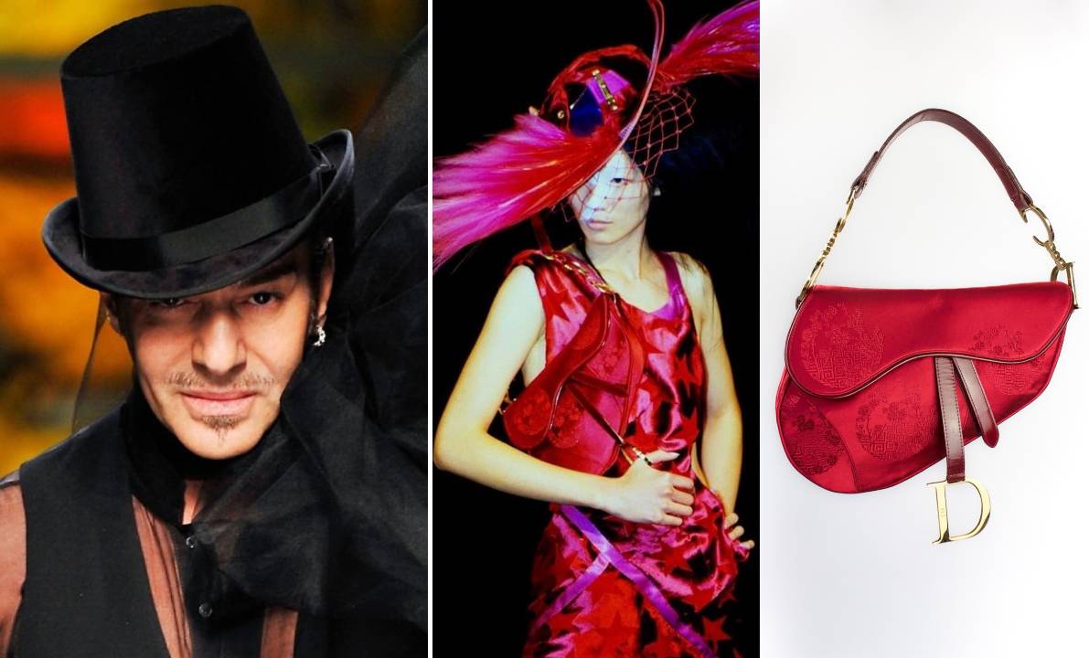 John Galliano ao lado de modelo usando a icônica Saddle Bag em desfile da Dior.