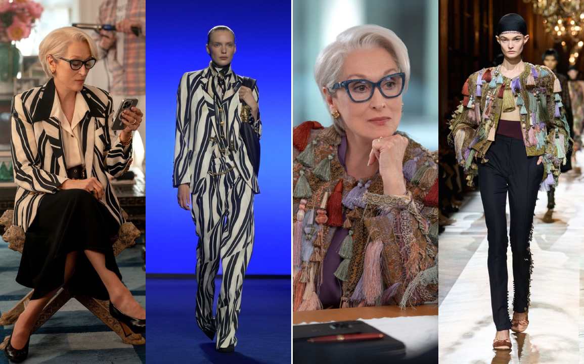 Meryl Streep em O Diabo Veste prada 2 com blazer schiaparelli e casaco Dries Van Noten.