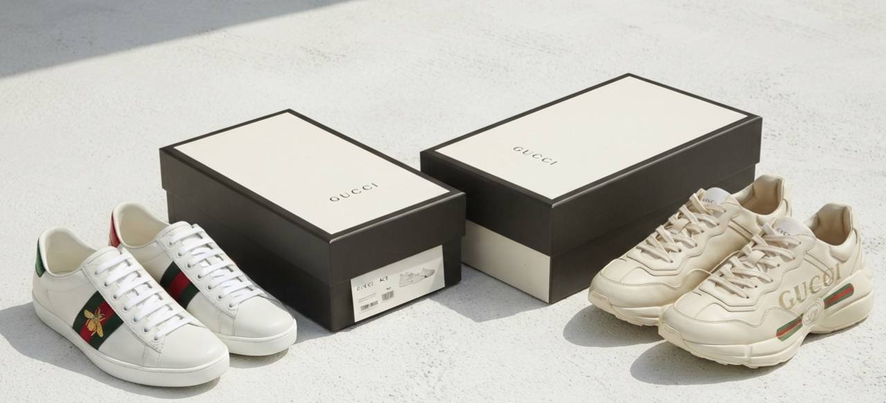 Tênis masculinos Gucci seminovos modelo Ace e Rhyton.