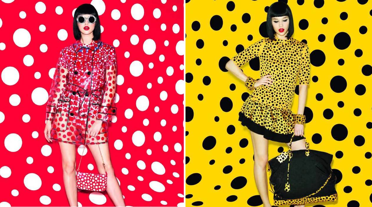 Fotos da ampanha Louis Vuitton x Yayoi Kusama de 2012, primeira colaboração da maison com a artista, com bolsas estampadas com suas icônicas bolinhas.