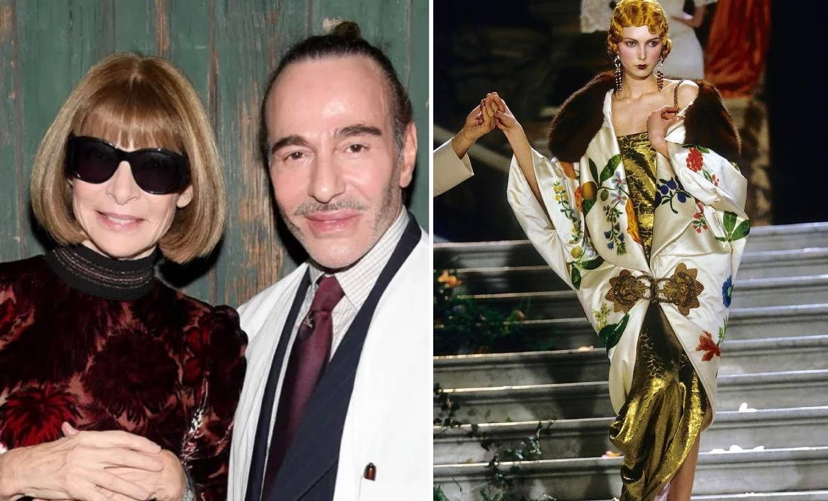 John Galliano, tema Met Gala 2027 cancelado, ao lado de Anna Wintour durante a era Galliano na Dior, com desfile da maison ao lado.