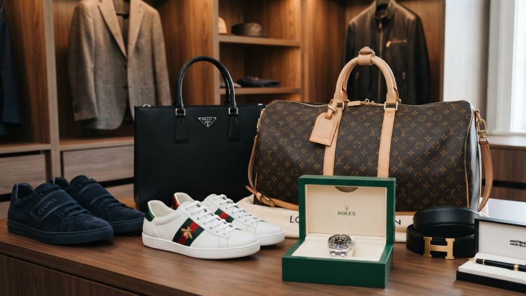 Mala Louis Vuitton, Tênis Gucci Ace, Relógio Rolex, bolsa prada: acessórios das marcas mascullinas mais procuradas no mercado de luxo seminovos.
