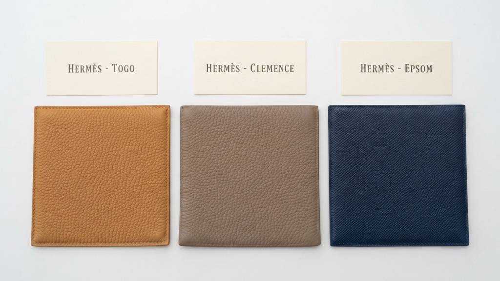 Comparação de 3 tipos de couro Hermès: Togo X Clemence X Epsom.
