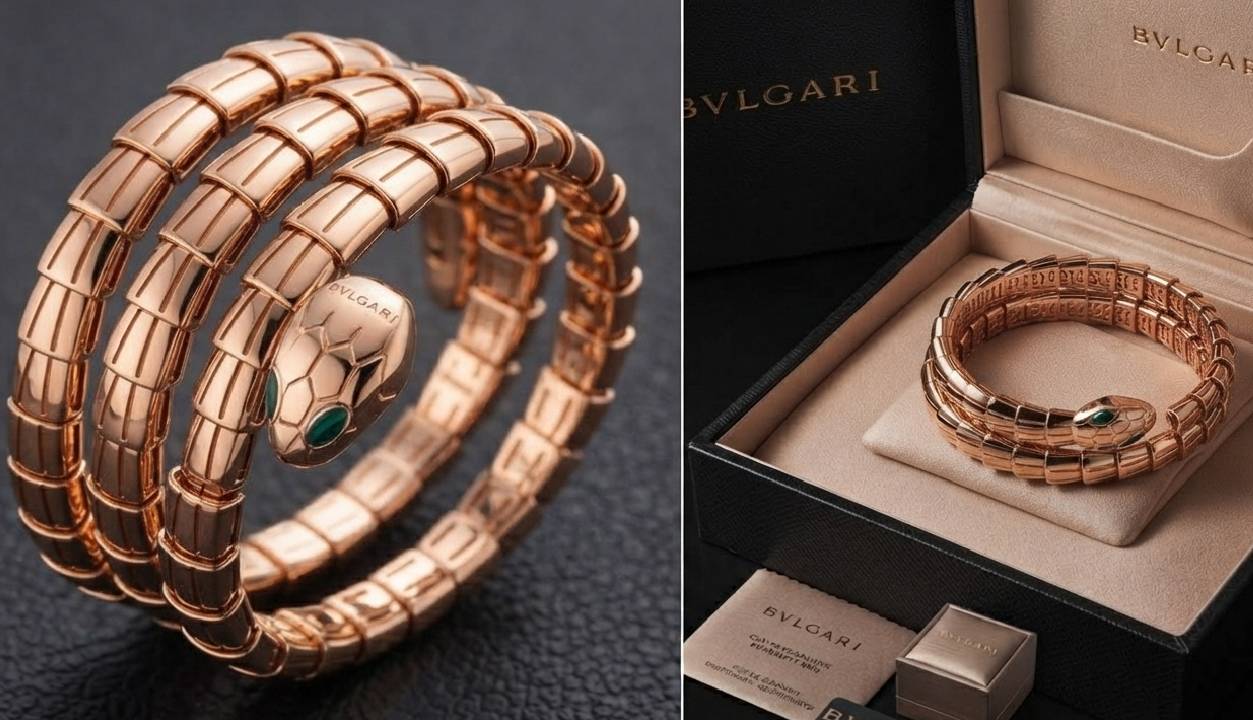 Fotos da pulseira Serpenti Tubogas com a serpente icônica símbolo da Bulgari (Bvlgari).