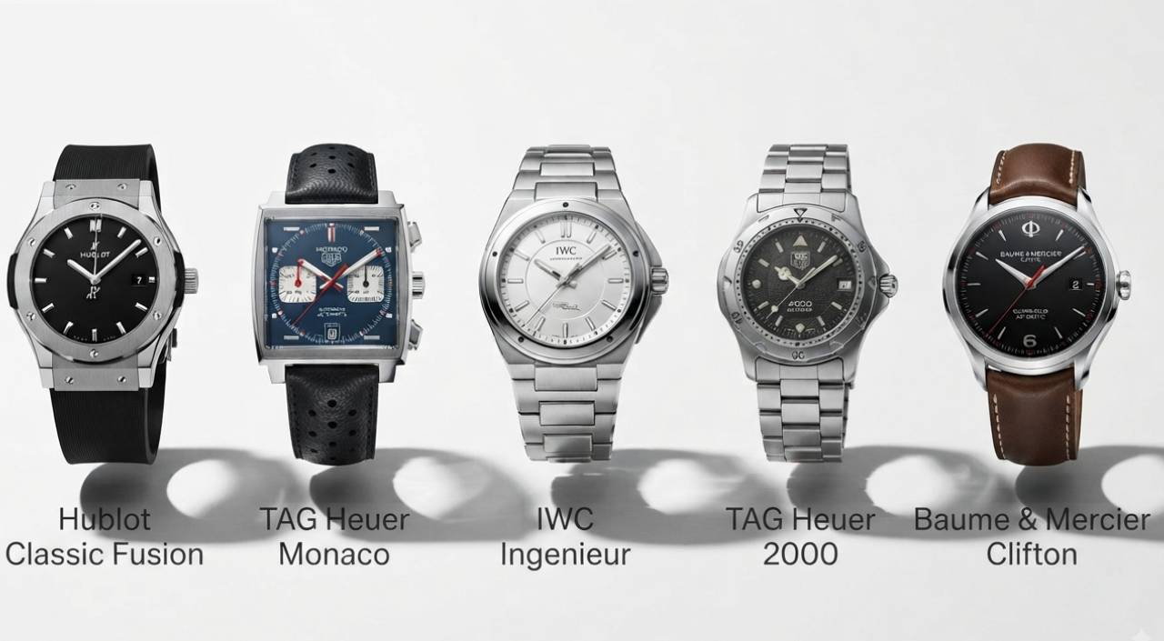 Relógios de luxo na SUper Sale Extended lado a lado, modelos: HublotFusion 38mm Quartzo , TAG HeuerMonaco Automático 39mm, IWCIngenieur Automático 40mm, TAG Heuer4000 Series, Baume & MercierClifton Club Automatic.